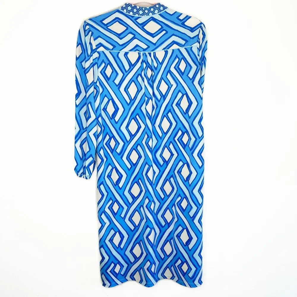 J McLaughlin Emer Long Sleeve Blue White Vilhada Souk Geometric Print Mini Dress